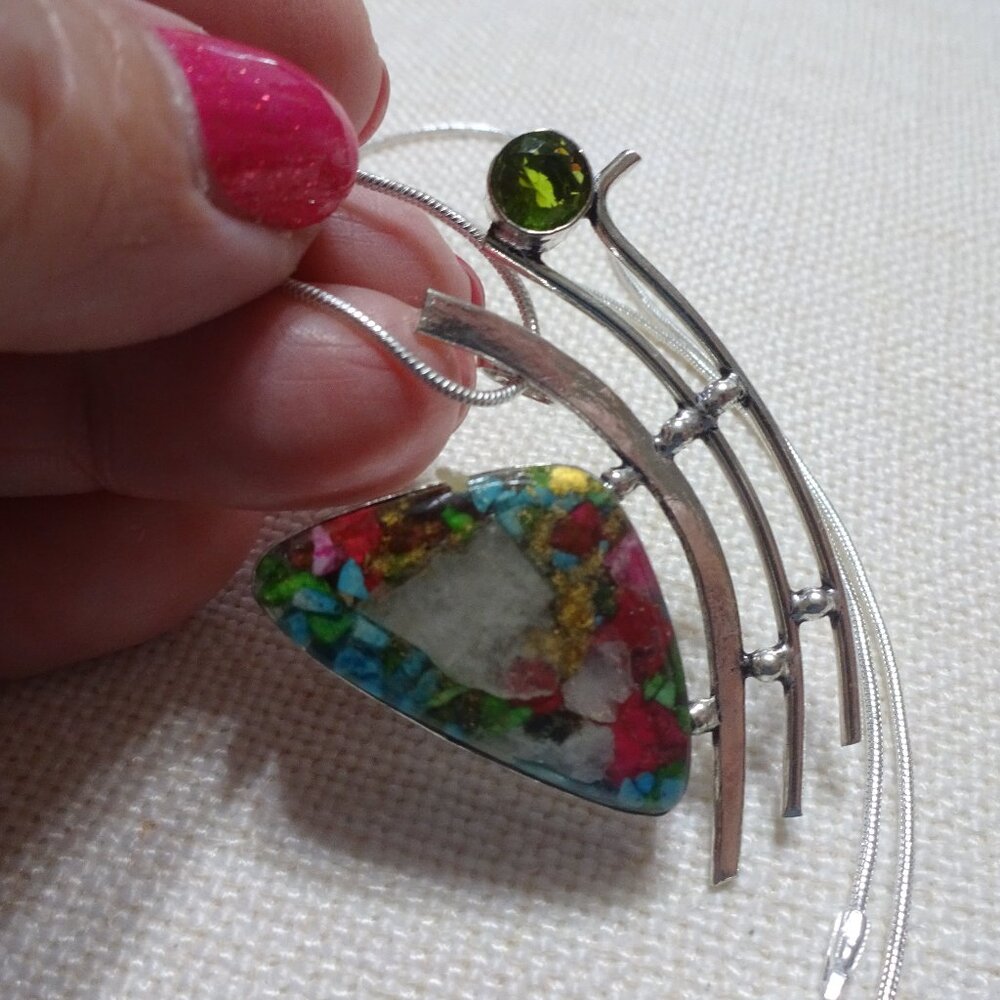 Beautiful "OYSTER TURQUOISE & PERIDOT" Handmade Sterling Pendant/Chain #762B